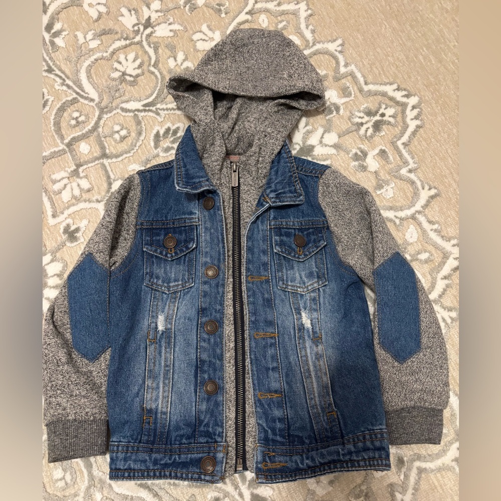 Gently used Boys MaCam Denim Jacket with Gray Sleeves and Hood, Size 2T